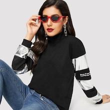 Romwe High Neck Color Block Metallic Pullover
