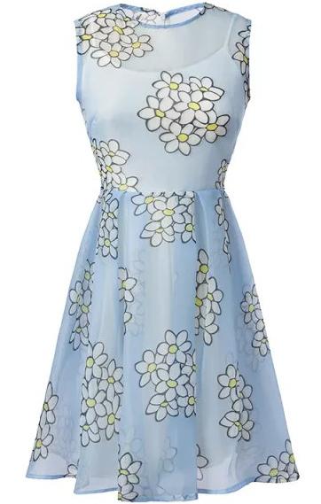 Romwe Sleeveless Flower Print Organza Dress