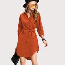 Romwe Self Tie Waist Solid Shirt Dress