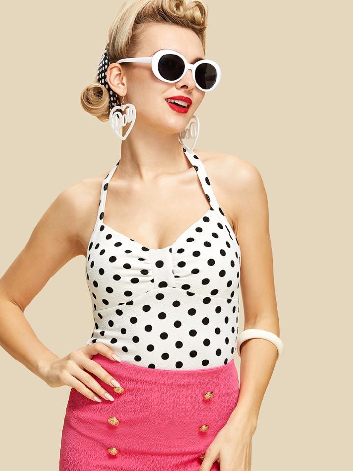 Romwe Ruched Detail Dot Halter Top