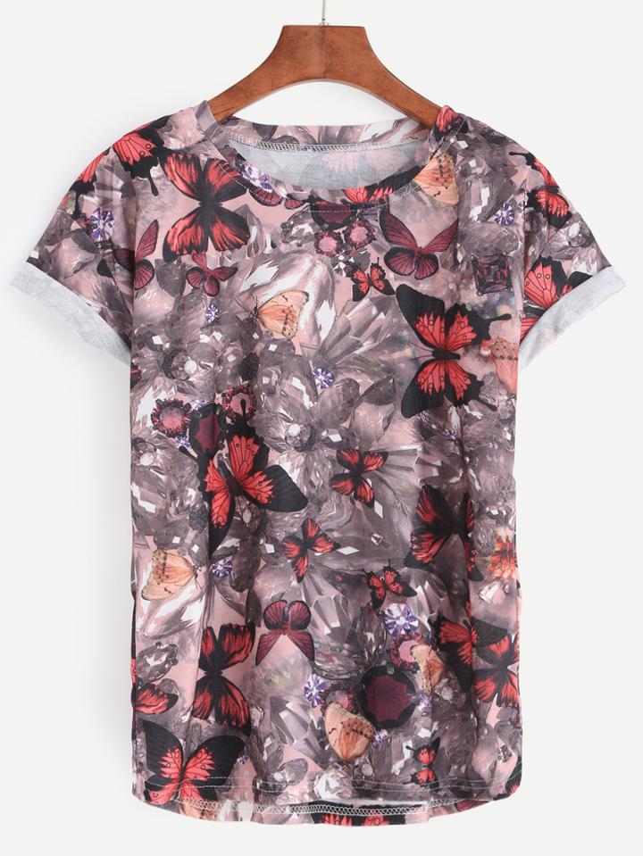 Romwe Multicolor Butterfly Print Roll Sleeve T-shirt
