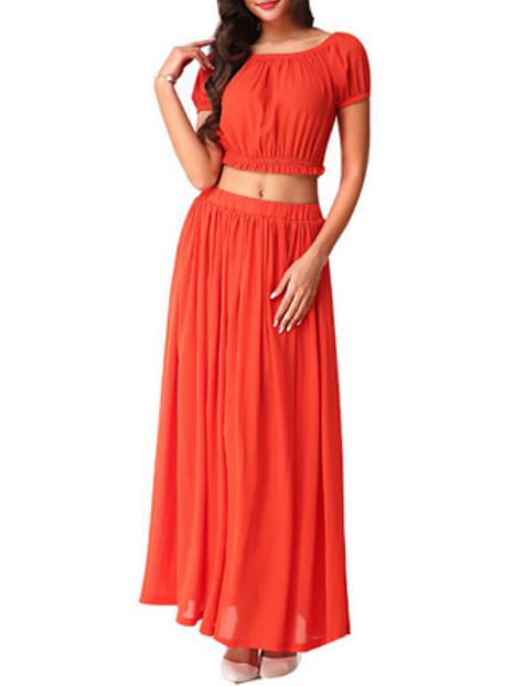 Romwe Frilled Crop Chiffon Top With Skirt - Orange