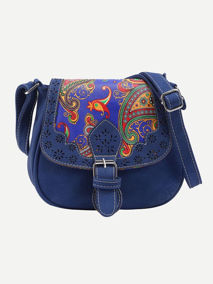 Romwe Blue Laser Cut Paisley Print Saddle Bag