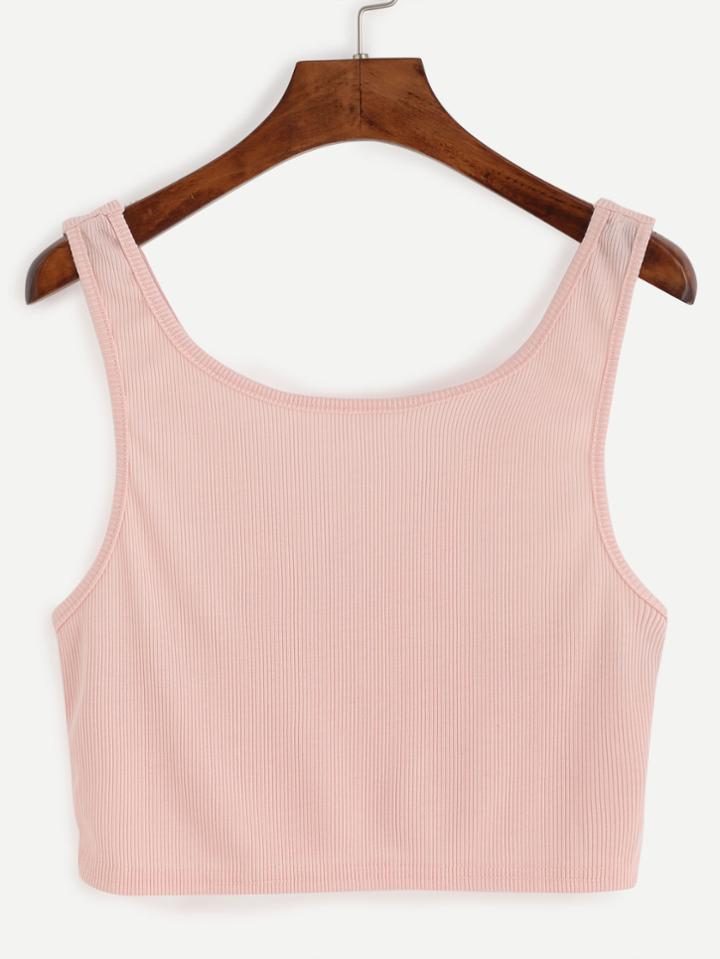 Romwe Pink Ribbed Knit Crop Tank Top
