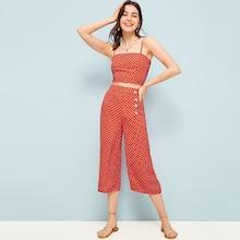Romwe Polka Dot Shirred Cami Top With Capris Wide Leg Pants
