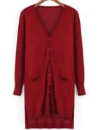 Romwe Dip Hem Slit Pockets Wine Red Cardigan