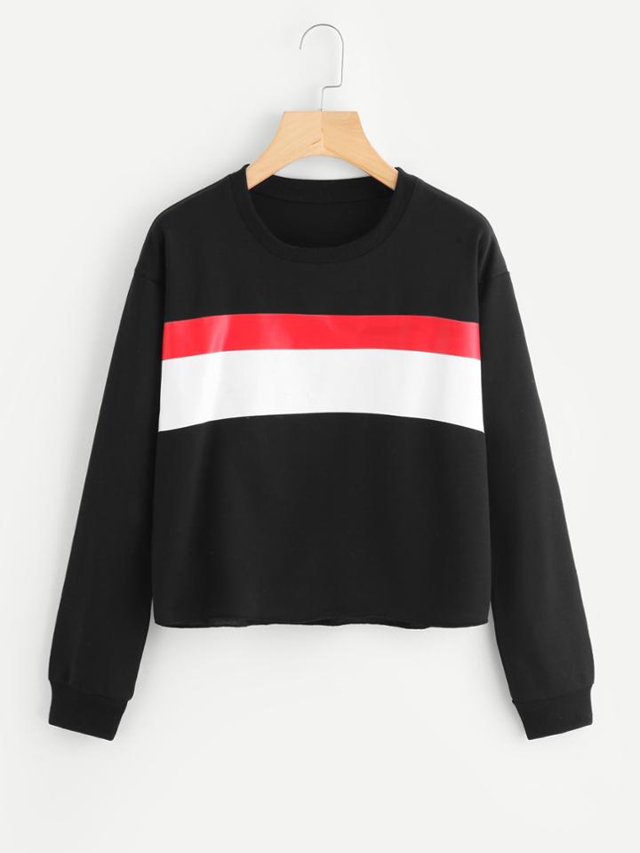 Romwe Ribbed Trim Color Block Sweatshirt