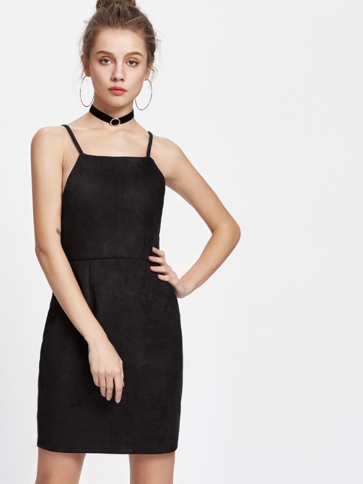 Romwe Black Suede Lace Up Criss Cross Back Cami Dress