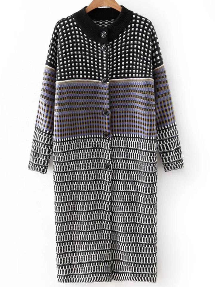 Romwe Black And White Plaid Button Long Cardigan