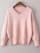 Romwe Pink V Neck Ribbed Trim Sweater