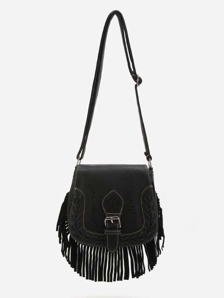 Romwe Black Fringe Hem Buckle Pu Shoulder Bag