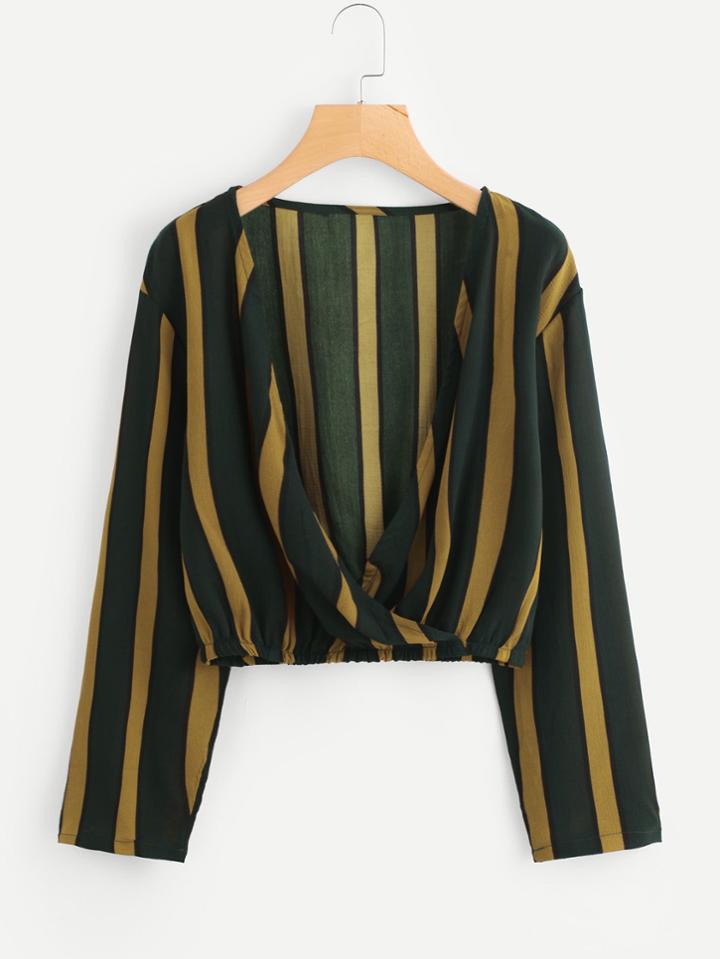 Romwe Deep V Neckline Contrast Striped Wrap Top