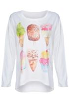 Romwe Romwe Various Ice-creams Print Long-sleeved White T-shirt