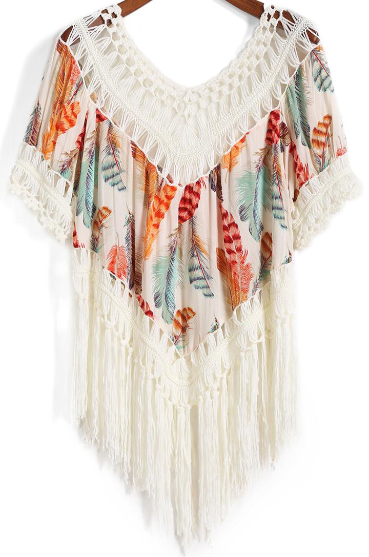 Romwe Orange Round Neck Feather Print Tassel Blouse