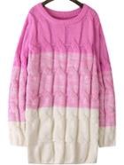 Romwe Round Neck Cable Knit Pink White Sweater