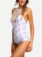 Romwe Macrame Halter Neck Flower Print One-piece Swimwear