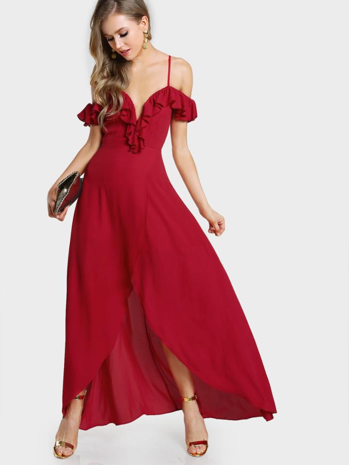 Romwe Frill Cold Shoulder Plunge Sweetheart Wrap Dress