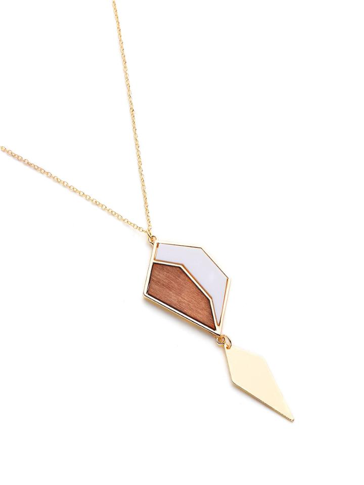 Romwe Wood Detail Geometric Pendant Necklace