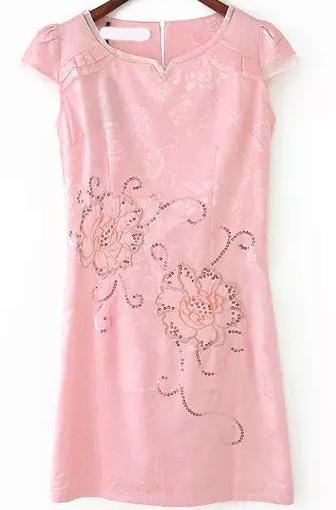 Romwe Cap Sleeve With Sequined Embroidered Straight Pink Dress