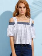 Romwe White Striped Shirred Cold Shoulder Blouse