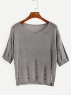 Romwe Grey Short Sleeve Ripped Sweater