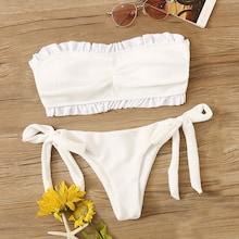 Romwe Frill Trim Bandeau With Tie Side Bikini Set