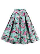 Romwe Palm Leaf And Flamingo Print Box Pleated Skirt