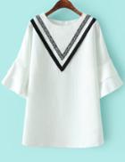 Romwe Ruffle Sleeve V Pattern With Zipper White Dress