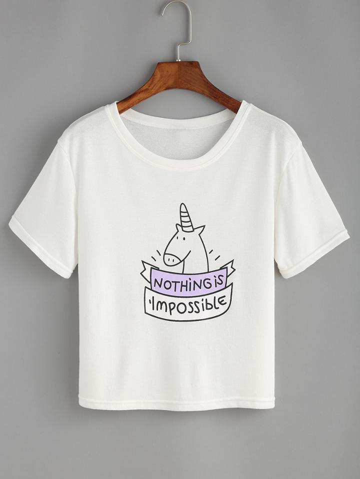 Romwe White Round Neck Unicorn Print Crop T-shirt