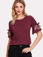 Romwe Bow Tied Detail Embroidery Sleeve Tee