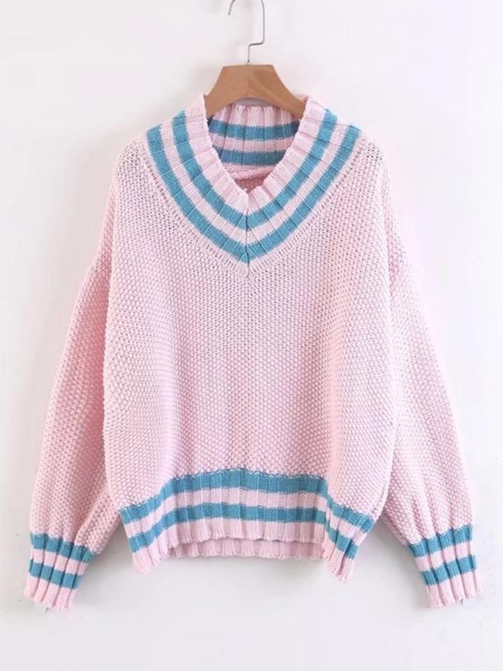 Romwe V Neckline Striped Trim Sweater