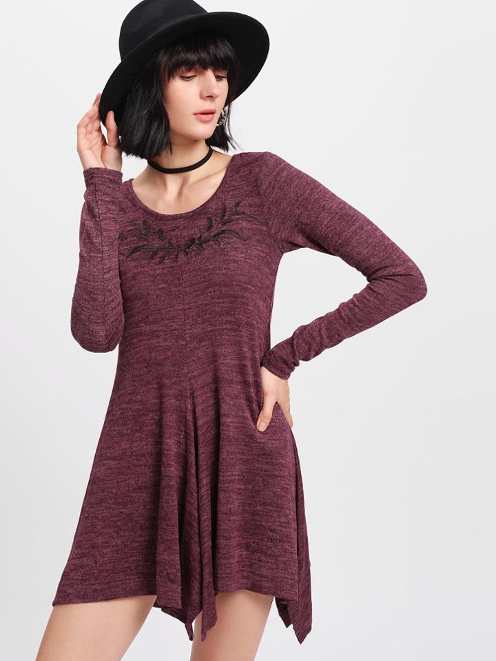 Romwe Embroidered Hanky Hem Swing Tee Dress