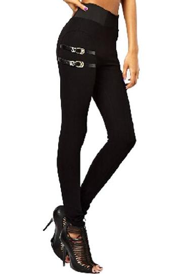 Romwe Vegetable Leather Embellished Elastic Black Pants