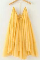 Romwe Yellow Halter Backless Loose Pleated Dress