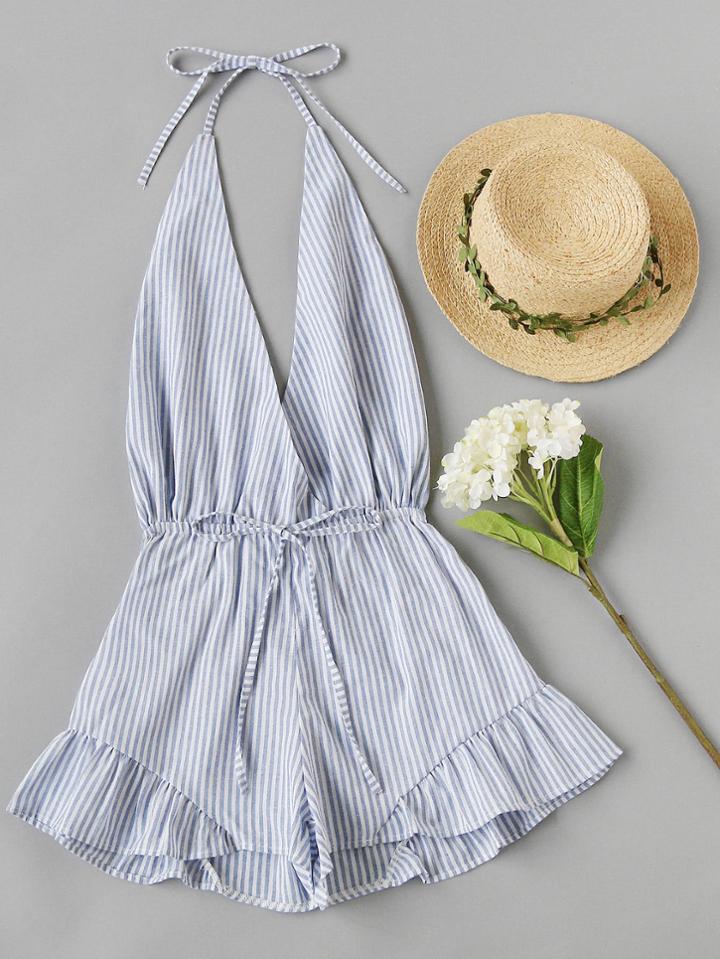 Romwe Plunging V-neckline Stripe Drawstring Waist Frill Surplice Romper