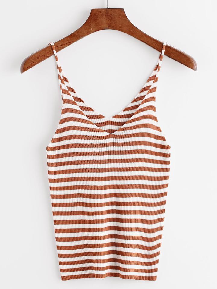 Romwe Brown Striped Dual V Neck Slim Cami Top