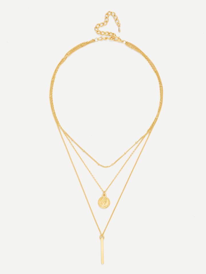 Romwe Bar & Round Pendant Link Layered Necklace