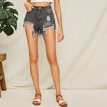 Romwe Ripped Detail Raw Hem Asymmetrical Denim Shorts