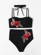 Romwe Flower Embroidery Bikini Set With Choker