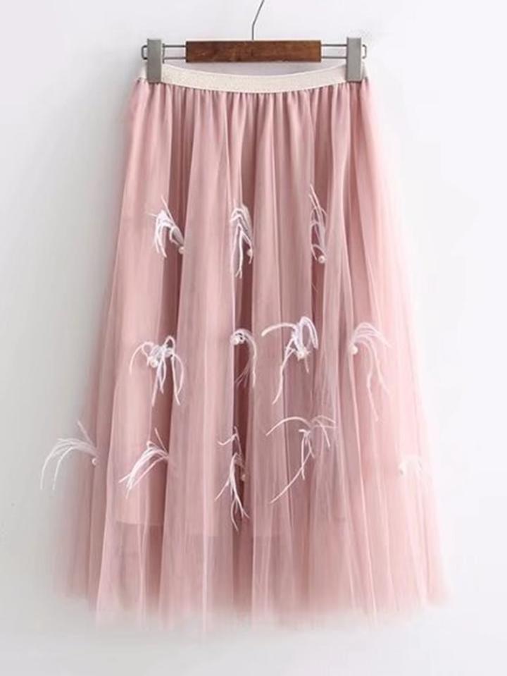 Romwe Feather & Faux Pearl Embellished Mesh Skirt