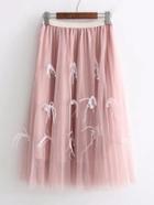 Romwe Feather & Faux Pearl Embellished Mesh Skirt