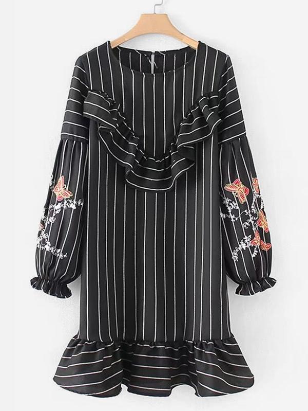 Romwe Embroidered Sleeve Striped Drop Waist Dress