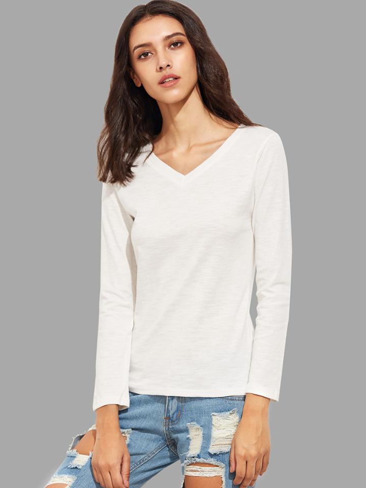 Romwe Beige V Neck Long Sleeve T-shirt
