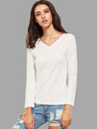 Romwe Beige V Neck Long Sleeve T-shirt