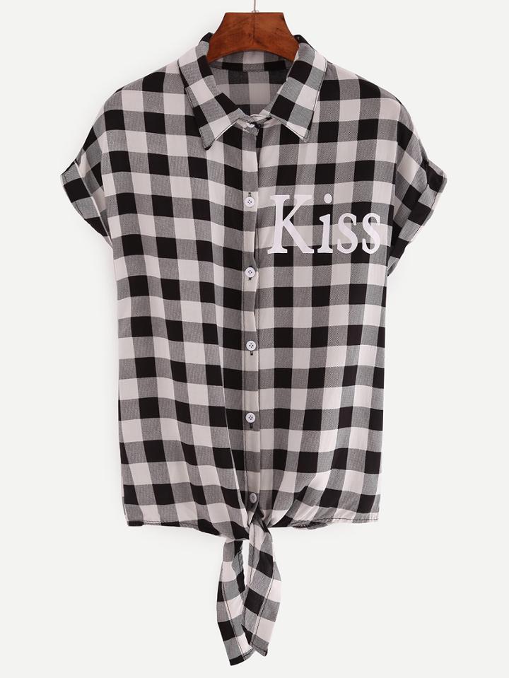Romwe Black Plaid Letters Print Knotted Blouse