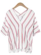 Romwe Pink V Neck Vertical Striped Shirt