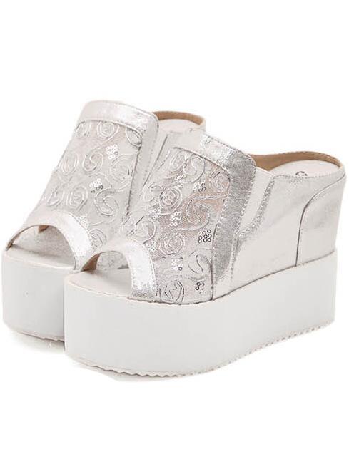 Romwe Silver Sequined Mesh Wedges Sandals