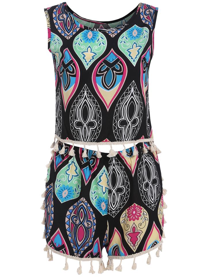 Romwe Tribal Print Tank Top With Tassel Shorts
