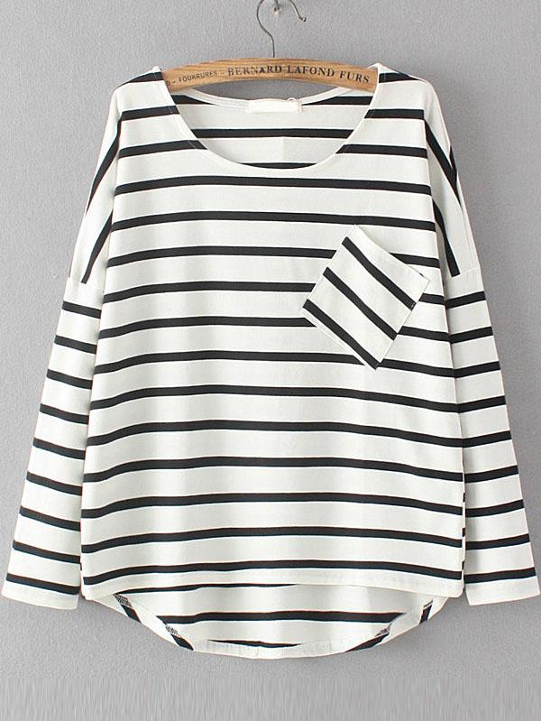 Romwe White Dropped Shoulder Seam Striped Dip Hem Pocket T-shirt