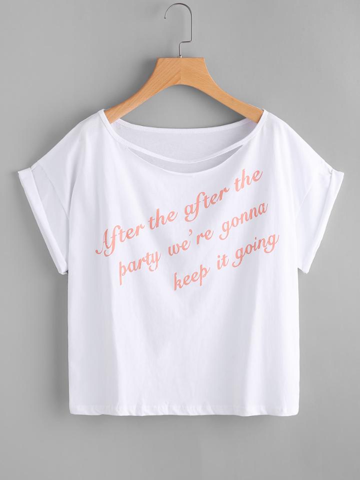 Romwe Cut Out Neck Slogan Print Cuffed Tee